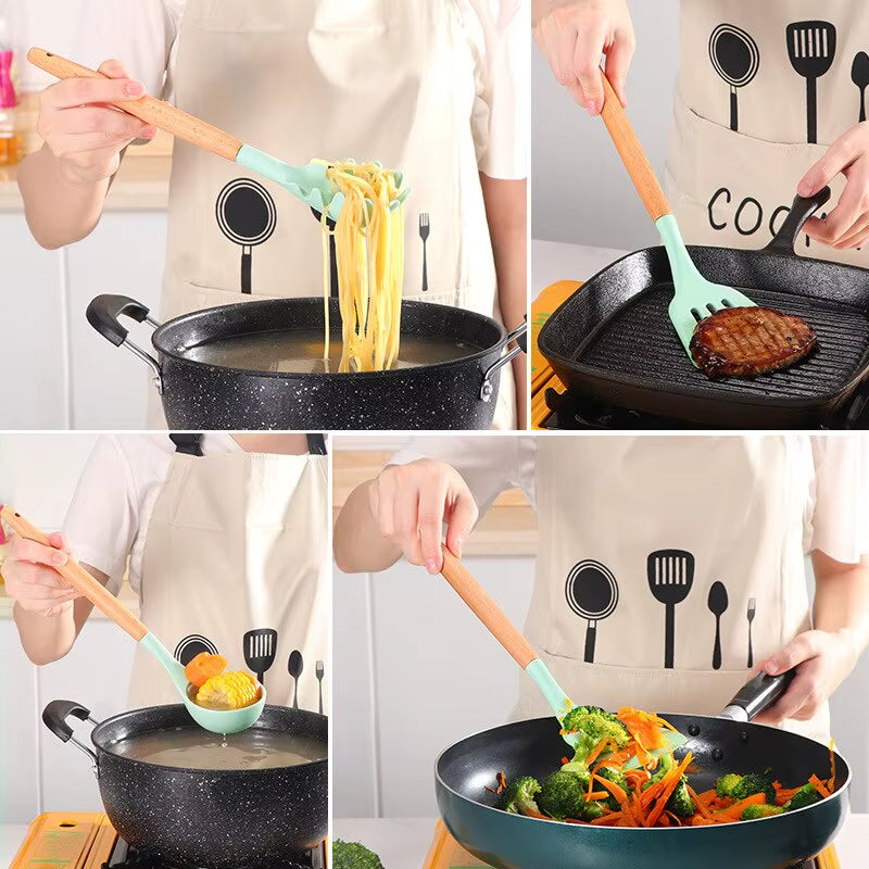 12Pcs/Set Wooden Handle Silicone Kitchen Utensils with Storage Bucket High Temperature Resistant and Non Stick Pot Spatula Spoon