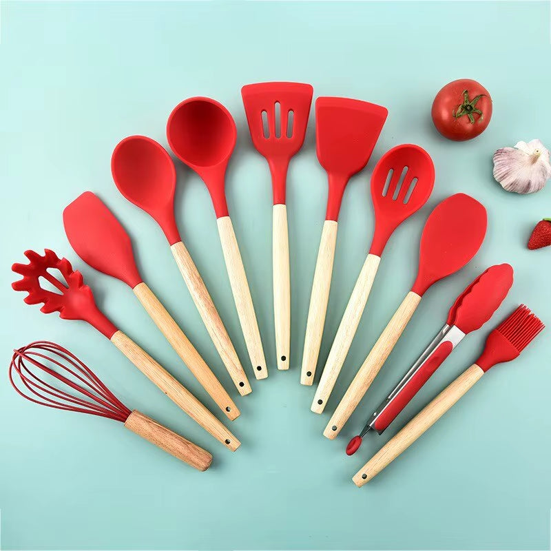 12Pcs/Set Wooden Handle Silicone Kitchen Utensils with Storage Bucket High Temperature Resistant and Non Stick Pot Spatula Spoon