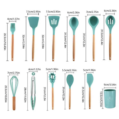 12Pcs/Set Wooden Handle Silicone Kitchen Utensils with Storage Bucket High Temperature Resistant and Non Stick Pot Spatula Spoon