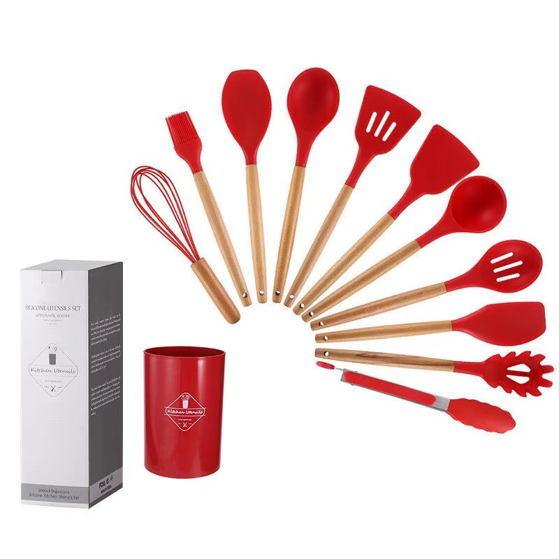 12Pcs/Set Wooden Handle Silicone Kitchen Utensils with Storage Bucket High Temperature Resistant and Non Stick Pot Spatula Spoon