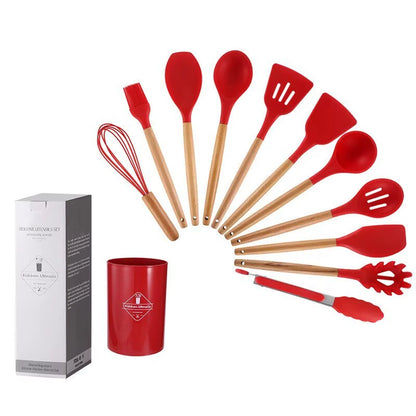 12Pcs/Set Wooden Handle Silicone Kitchen Utensils with Storage Bucket High Temperature Resistant and Non Stick Pot Spatula Spoon